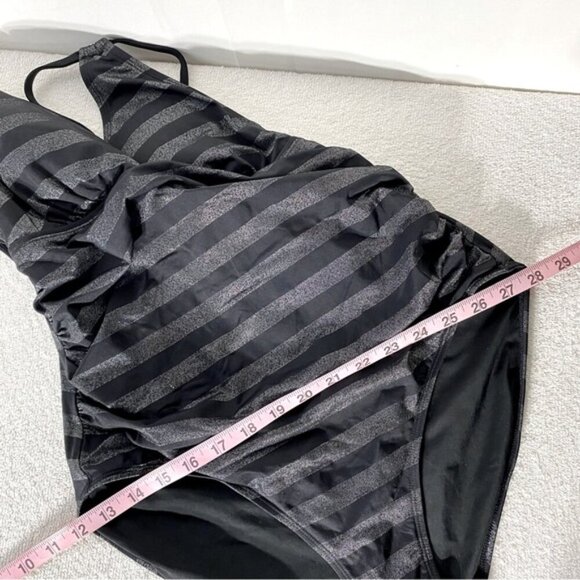 Women’s Black & Metallic Grey Striped One Piece Bathing Suit Swimsuit XL - Picture 11 of 14